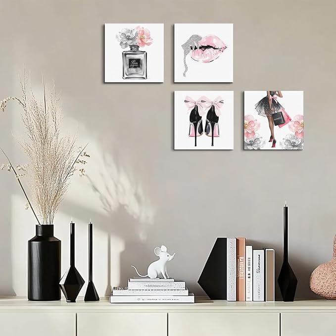 Pink Fashion Women Wall Art, Pink Flowers Perfume High Heel Lips Wall Decor | Aesthetic Canvas Framed Posters Art Prints Modern Artwork Pictures for Women Room Bathroom Apartment Decor 8x8 Inch Set of 4