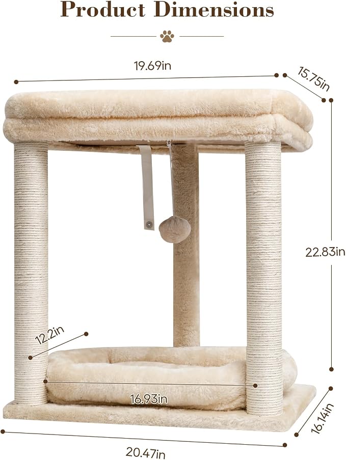 SYANDLVY Small Modern Cat Tree with 2 Levels Perch Platforms for Kittens | Natural Sisal Scratching Post Tower with Hanging Bell Ball & Anti-Tip Strap, Cat Furniture for Indoor Cats, Beige