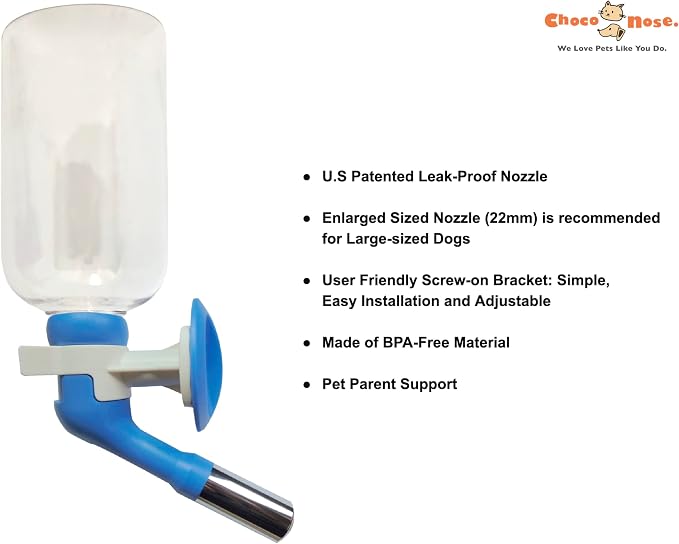 Choco Nose No-Drip Water Bottle for Large Dogs (Over 50 lb) – Leak-Proof Patented 22mm Nozzle Helps Prevent Mess & Spills, BPA Free Cage & Crate Mount Feeder for Kennels, 16.9 fl oz (C570)