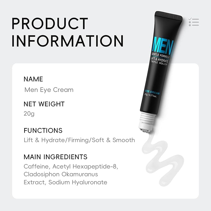 AKARY Caffeine Eye Roller for Bags for Men, Men’s Triple-roller Massage Under Eye Cream for Puffy Eyes and Dark Circles, Hydrating, Softening, Improving, Firming for Fine Lines, Puffiness Reducer