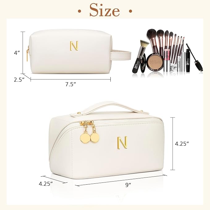 KKXIU Initial Makeup Bag for Women - Personalized Makeup Bag Gifts for Women, Travel Toiletry Bag with PU Leather, Open Flat Design with Top Handle, Cosmetic Bag Set with Multi-Pocket (Beige,N)