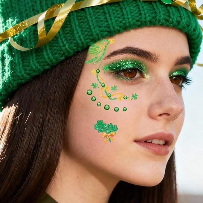 St Patricks Day Temporary Tattoos Green Leaf Blush Face Tattoos Lucky Clover Shamrock Fake Tattoos Cute Bow Star Freckles Face Tattoo Waterproof Makeup Stickers with Green Gems for Girls 12 Sheets