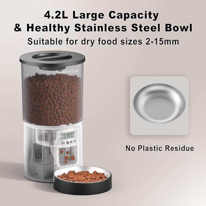 Automated Cat Feeder,Clear 4.2L Dry Food Dispenser with Single Bowl,Programmable Timed Pet Feeder for Up to 6 Daily Meals,10-Second Voice Message & Dual Power Backup (Black, 4.2L Press Version)