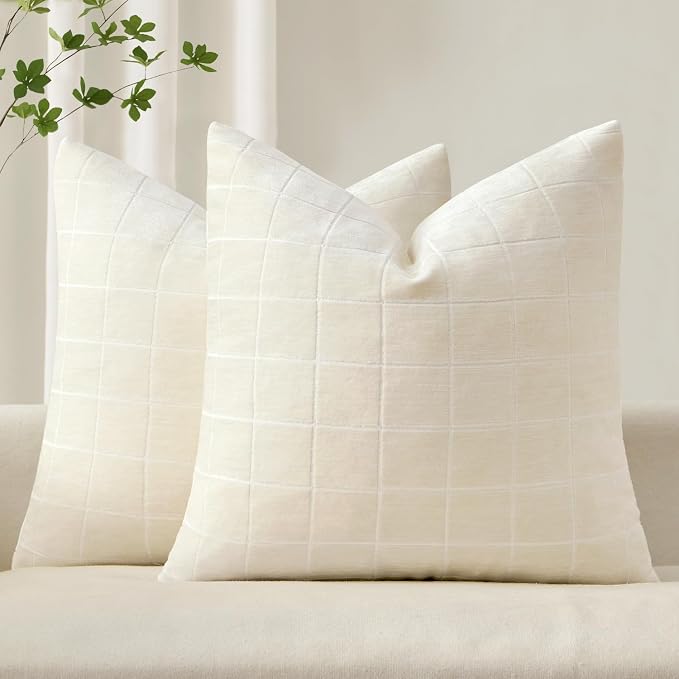 MIULEE Cream Plaid Decorative Throw Pillow Covers 18x18 Set of 2 | Vintage, Check Chenille Couch Pillows, Neutral Boho Farmhouse Cushion Covers, Modern Home Decor for Sofa Bed Living Room