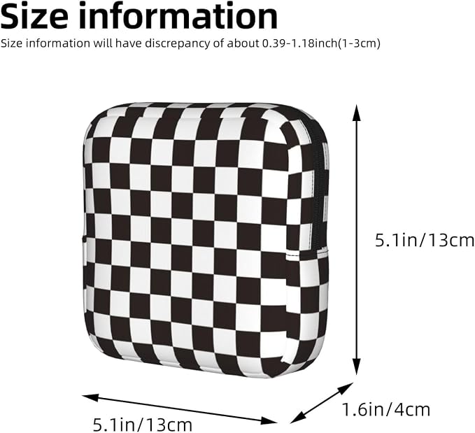 Black And White Checkered Racing Flag Checkerboard Square Grid Period Bag For Women,Portable Sanitary Napkin Period Pad Pouch For Purse, Small Make Up Bags