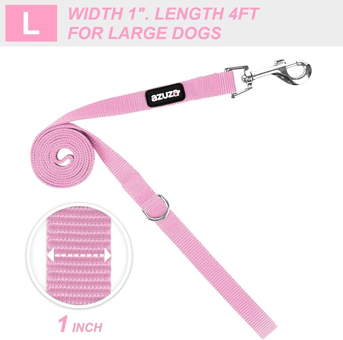 azuza Nylon Dog Collar and Leash Set, Strong & Durable Basic Style Leash and Collar with ID Tag Ring, Available in Multiple Lengths for Large Dogs,Pink,L