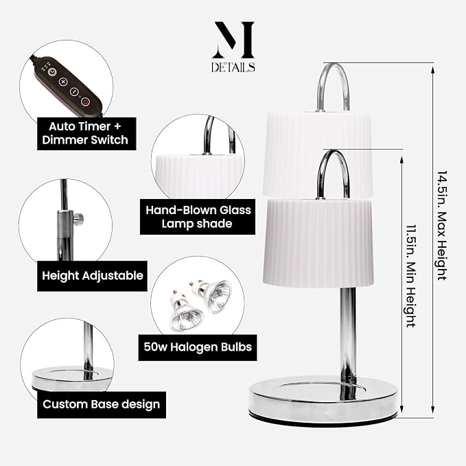 Candle & Warmer Set – 8.5 oz Coconut Blend Luxury Candle + Hand Blown Glass Lamp Warmer | Modern Self-Care Gift Set (Chrome, Rose Oud)