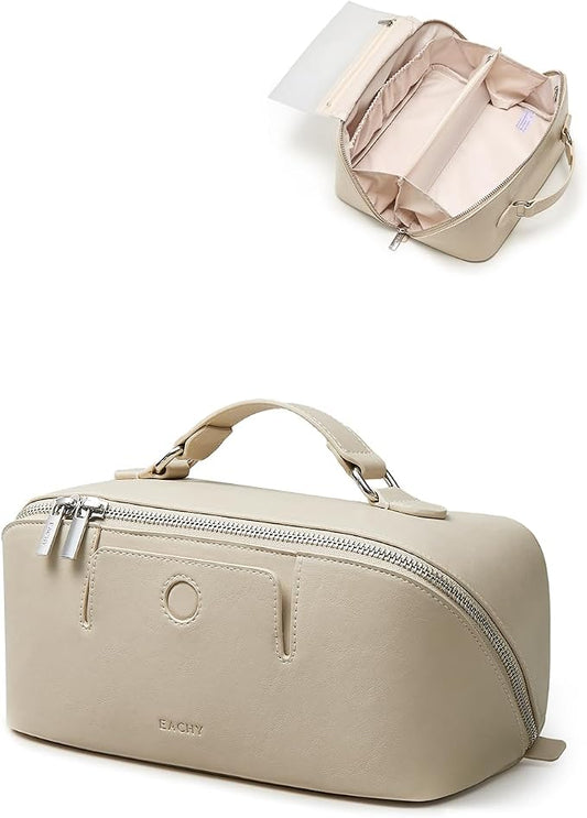 EACHY Travel Makeup Bag, Large Capacity Cosmetic Bag for Women, Waterproof PU Leather, Flat Open Portable Toiletry Bag for Skincare, Brushes & Travel Essentials