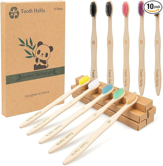 Tooth HaHa Bamboo Toothbrushes, 10 Pack BPA-Free Soft Tapered Bristles, Eco-Friendly, Natural Wooden, Green Toothbrush, Organic Toothbrushes Travel Set
