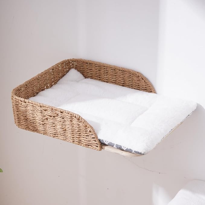 SHENGOCASE Modern Wall Mounted Cat Bed Perch with Handwoven Guardrail, 2-Pack, Wooden Shelves with Washable Pillow Cushions, Wall Furniture Set