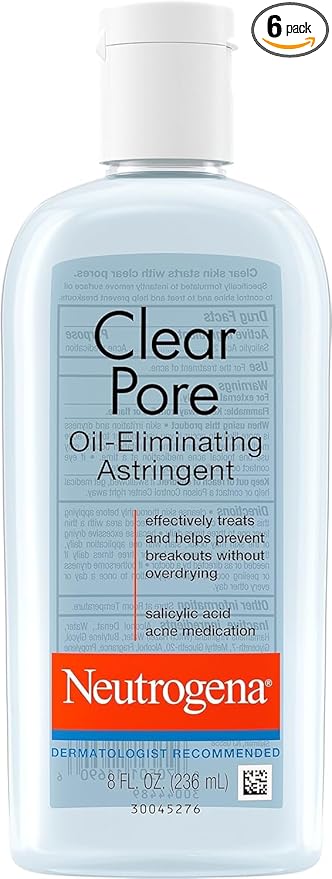 Neutrogena Clear Pore Oil-Eliminating Facial Astringent with 2% Salicylic Acid Acne Medication and Witch Hazel, Pore Clearing Treatment for Acne-Prone Skin, Helps Control Shine, 8 fl. oz, 6 Pack