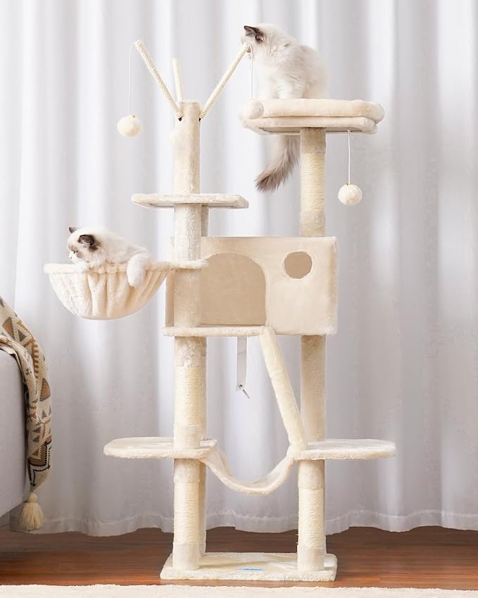 Hey-brother Cat Tree Tower with Padded Platform Bed, Hammock, MPJ019-SM | 53 Inches Cat House with Large Cozy Condo, Toy Balls and Sisal Scratching Posts for Indoor Multi-Cats, Beige