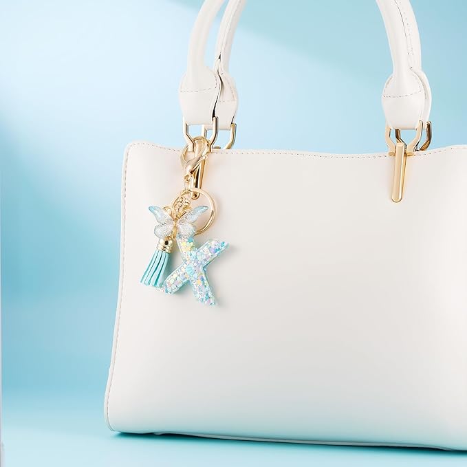 Fashion Alphabet Initial Letter Keychain Tassel Butterfly Pendant Key Ring for Purse Handbags Women Girl