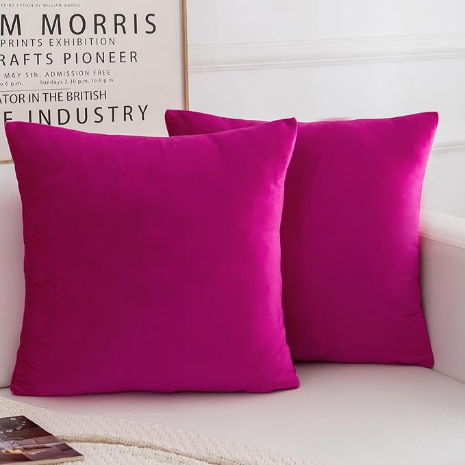 Velvet Decorative Throw Pillow Covers, Soft Square Cushion Case Home Decor for Living Room Couch Bed Sofa, Set of 2 Pack, Hot Pink, 18x18 Inch