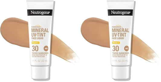 Neutrogena Purescreen+ Tinted Sunscreen for Face with SPF 30,Broad Spectrum Mineral Sunscreen with Zinc Oxide and Vitamin E,Water Resistant,Fragrance Free,Medium,1.1 fl oz,(Pack of 2)