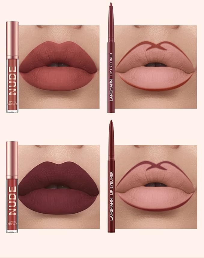 URQT 12pcs Lip Liner and Lipstick Set, 6 Velvety Matte Liquid Lipsticks + 6 Matching Smooth Lip Liner One Step Lips Long Lasting Waterproof Makeup Kits Gift Set