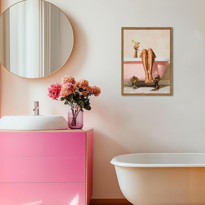 Funny Girl Bathroom Wall Art Pink Cute Girly Bathtub Wall Decor Picture, Trendy Girl Bathroom Martini Cocktail Poster Canvas Print Painting Minimalist Cute Woman Artwork 12x16 inch Wood Framed