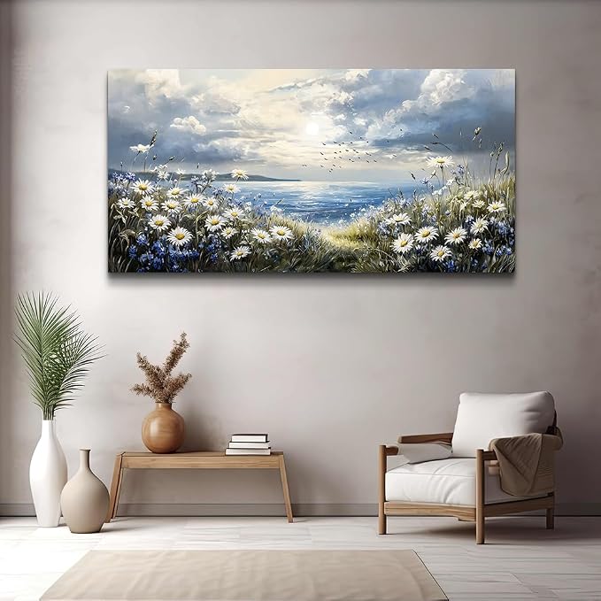 KELIYUAN Large Canvas Wall Art For Living Room Bedroom Wall Decor Home Office Blue Mediterranean Garden Landscape Painting Room Bathroom Dining Room Prints Artwork Picture Wall Decoration 20x40 In