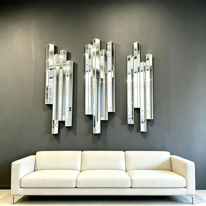 Modern 3 Pack 28x8 Staggered 3D Silver Mirror Wall Set Mirror Decor | Premium silver mirror with bevels. 4 sturdy hooks for V/H mount. Perfect for modern living, entryway & dining home decoration