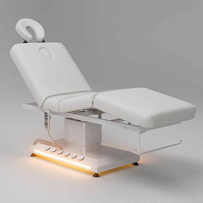 Icoget Professional Full Electric Spa Massage Treatment Table, Medical Bed with Independent Leg Adjustment, Facial Bed with Face Cradle for Beauty, White