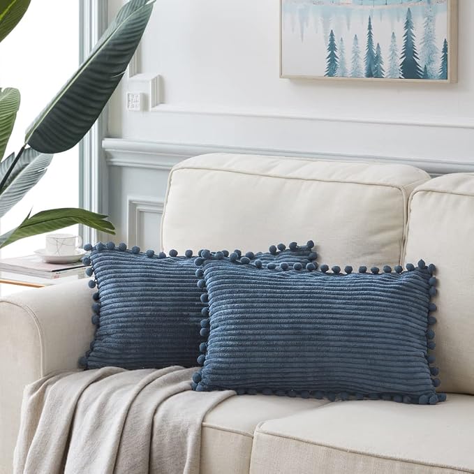 Fancy Homi 2 Pack Dusty Blue Lumbar Decorative Throw Pillow Covers 14x24 Inch with Pom-poms for Couch Bedroom Sofa, Farmhouse Boho Home Decor, Soft Corduroy Solid Rectangle Cushion Case 35x60 cm