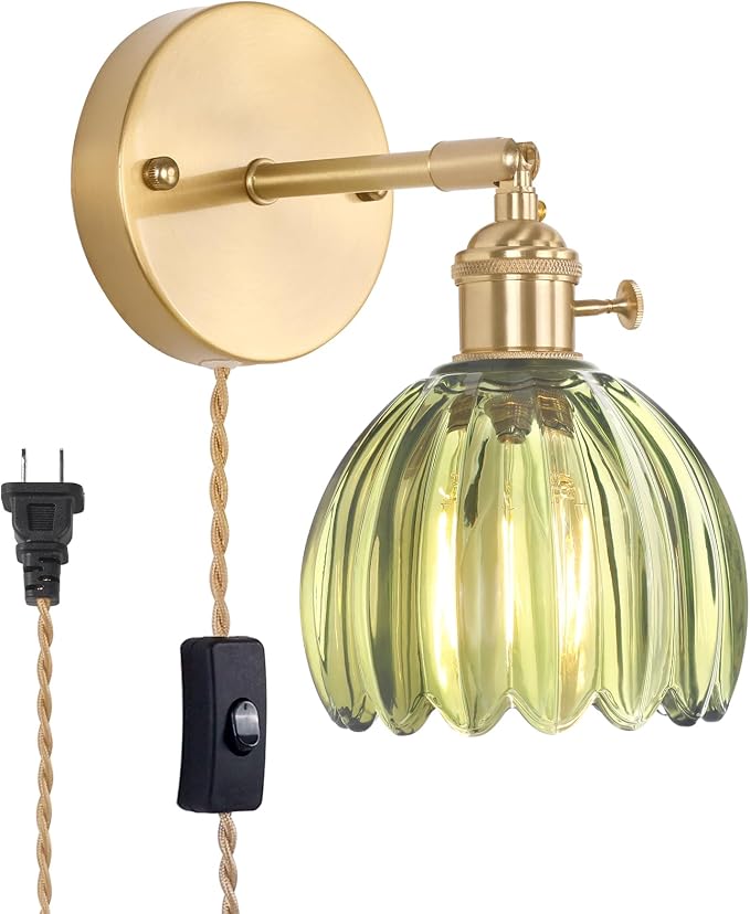 Shenmoyl Plug in Wall Sconce, Green Tulip Glass Lampshade Wall Light Plugin Corded for Bedside Bedroom Doorway