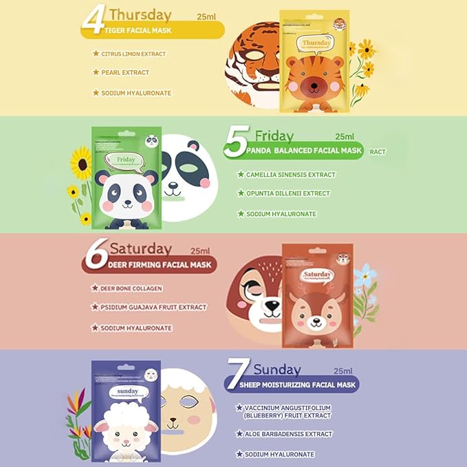 evpct 8-Pack Animal Sheet Face Facial Masks for Women Skincare Spa, Cute Facial Spa Day Slumber Sleepover Birthday Party Favors Supplies Kit, Natural Ingredients, Hydrate and Soothe for All Skin Types