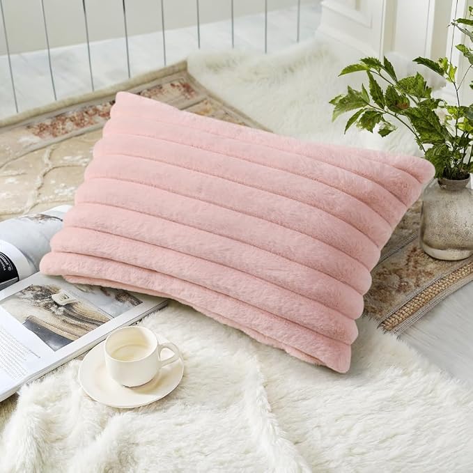 decorUhome Fall Faux Fur Throw Pillow Covers 12x20 Set of 2 Pink | Decorative Soft Cozy Striped Plush Modern Farmhouse Boho Couch Pillow Cases Velvet Back for Sofa Bed Living Room Home Decor