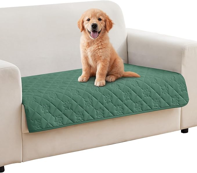 PAWFINITY Waterproof Loveseat Covers for Dogs, Pet Blanket for Couch | Paw Print Quilted, Hair Resistant, Anti Cat Scratch, Washable Protector for 2 Seat Sofa & Chair Cushion, 30x62 Inch, Green