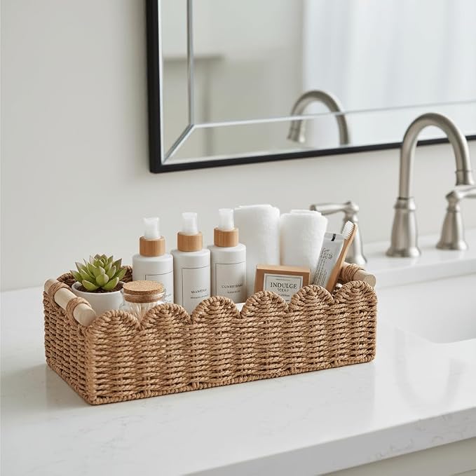 CubesLand Scalloped Toilet Paper Storage Basket W/Handle for Home Decor | Paper Rope Toilet Organizer Basket for Countertop, Over Toilet Shelf, End Table, Living Room, Bedroom Decor & More, Neutral