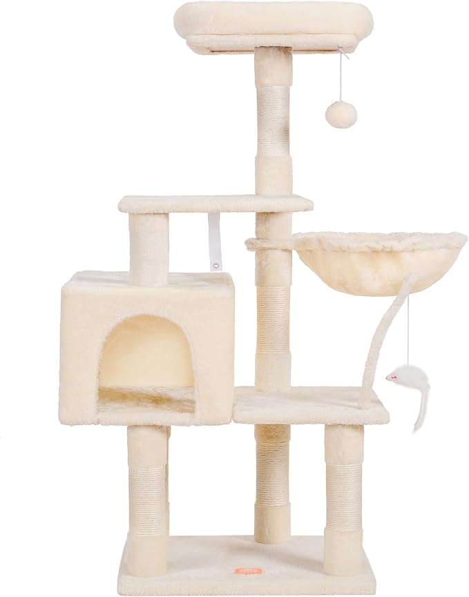 Heybly Cat Tree with Toy, 43.3 inch Cat Tower for Indoor Cats HCT004M | Cat Condo with Durable Sisal Scratching Posts, Cat House with Padded Plush Perch, Cozy Hammock, Beige