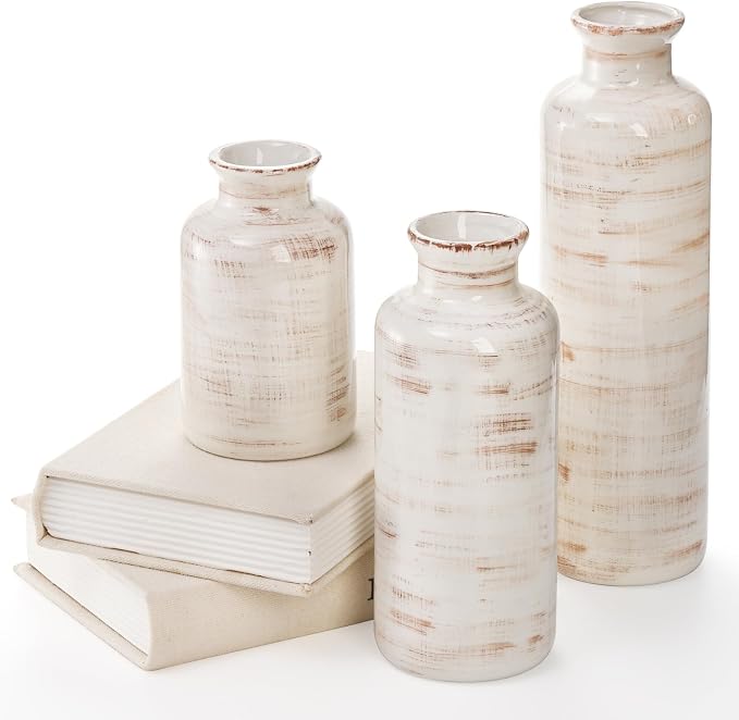 Nicunom Ceramic Vase Set of 3, Rustic Ceramic Flower Vase for Home Decor, Boho Decorative vase for Room, Centerpiece,Table, Shelf, Mantel and Entryway Decor