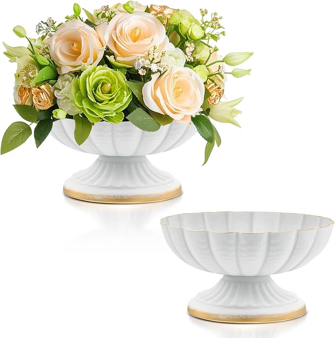 White Flower Vases for Centerpieces, 4 Inch, Set of 2 | Vintage Compote Bowl Vase, Small Pedestal Vase, White Centerpieces for Table, Metal Urn, For Wedding Party Event Home Decor