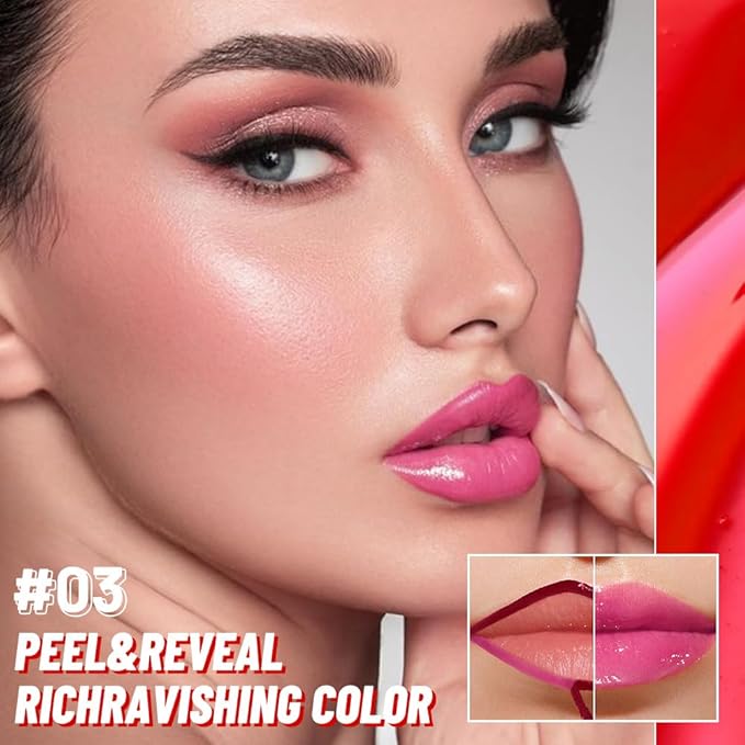 Hot Pink Lip Stain Peel off Lip Oil Dual Ended Combo Set, 2 in 1 Lips Liner Stain Oil Peel off Long Lasting Waterproof, High Pigmented Flawless Lips Tint Stick Not Faded Vegan & Cruelty-free 03#