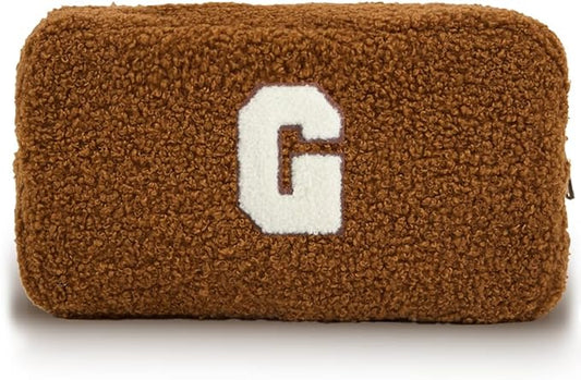 Cute Makeup Bag, Initial Cosmetic Bag, Fuzzy Makeup Bags for Women, Brown Makeup Pouch with Chenille Letter, Monogrammed Gifts for Women, Brown G