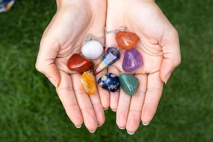 Crystals and Healing Stones Premium Kit Wooden Box - Chakra Stones Healing Crystals Set, Rose Quartz, Amethyst Cluster, Quartz Points, Chakra Pendulum (Aa Essential Chakra Pyramid Collection)