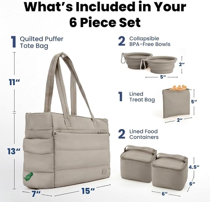 Rubyloo Puffer Dog Travel Bag for Dog Moms, Diaper Bag with Travel Bowls