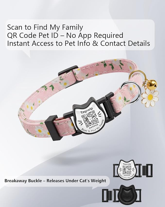 Breakaway Cat Collar with QR Code Tag and Bell (Pink & Purple, Pastoral Style)