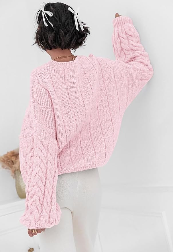 PRETTYGARDEN Womens Sweaters Spring 2026 Cable Knit Long Sleeve Crewneck Oversized Sweater Chunky Pullover Loose Outfits