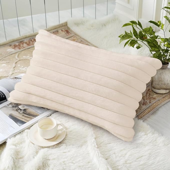 decorUhome Fall Faux Fur Throw Pillow Covers 12x20 Set of 2 Beige | Decorative Soft Cozy Striped Plush Modern Farmhouse Boho Couch Pillow Cases Velvet Back for Sofa Bed Living Room Home Decor