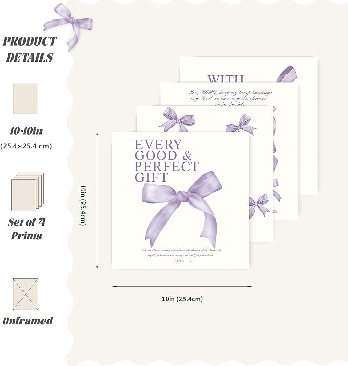 LARTSFRO Coquette Purple Bow Wall Art Decor Posters, Purple Bow Room Bedroom Bathroom Dorm Wall Art Decor Aesthetic for Teen Girls Gifts, Inspirational Bible Verses Bow Wall Decor, 10x10 Inch Set of 4 Pcs Bow Pictures (UNFRAMED)