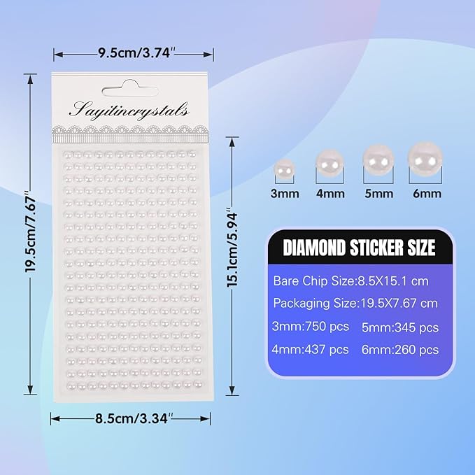 8 Sheets Rhinestone Stickers，3584 Pcs Gem Stickers for DIY Face Eyes Makeup Hair（Pure White Pearl-3/4/5/6mm）