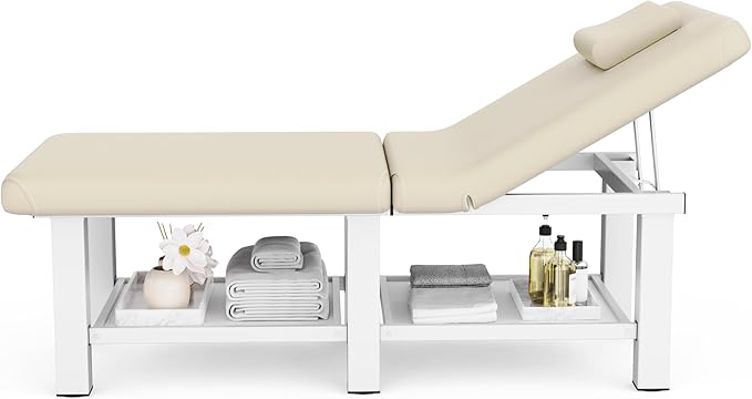 pouseayar Stationary Massage Table Folding Bed with Backrest for Treatment Table Physical Therapy Table Spa Facial Bed, Metal Frame PU Leather, 30.5'' Wide × 75'' Long - Beige Gray