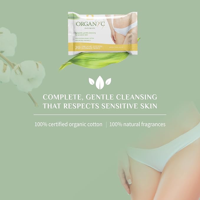 Organyc - Made with Organic Cotton Intimate Wet Wipes For Sensitive Skin, pH Balanced, No Parabens, Alcohol, or Chlorine, 20 Count (Pack of 1)