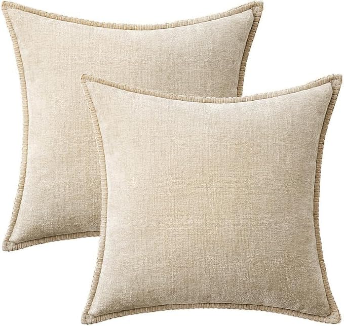 MIULEE Decorative Couch Throw Pillow Covers 18x18 Inch Beige 2 Pack | Neutral Farmhouse Pillow Covers with Stitched Edge, Soft Chenille Cushion Cases, for Sofa Bed Living Room Home Decor