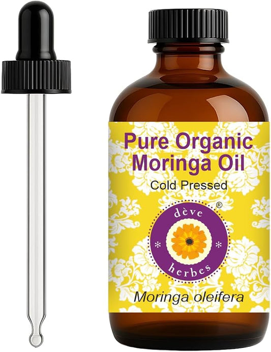 dève herbes Organic Moringa Oil (Moringa oleifera) with Glass Dropper | Cold Pressed | Pure | For Diluting Essential oils | Hair, Skin & Massage | Non-Sticky| Lightweight| Unisex | 120ml (4 oz)