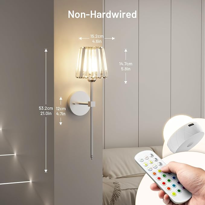 Crystal Battery Operated Wall Sconces Set of 2, Chrome Rechargeable Wireless Wall Lights with Crystal Lampshade, 12 RGB and 3CCT Dimmable Wall Lamps with Remote for Bedroom Living Room Hallway