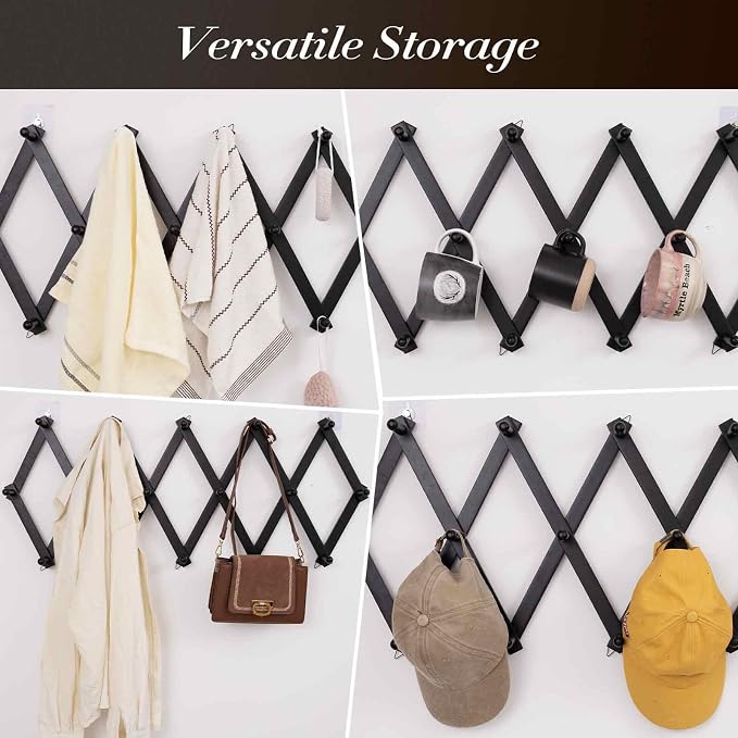 SCUNDA Wall Rack with 20 Hooks, Wooden Wall Expandable Coat Rack for Coat, Hats, Baseball Caps, Coffee Mug, Jewelry(Black)