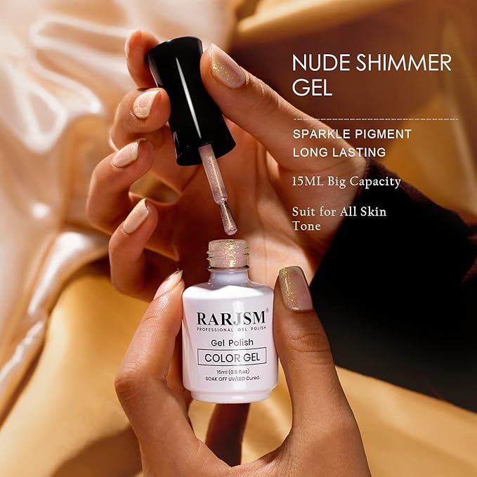 RARJSM Nude Gel Nail Polish Apricot Gold Glitter Shimmer Neutral Sheer Nude Gel Polish Soak Off LED UV Curing Requires Beige Pigment Jelly French Manicure Nail Gel Polish 15ml 1 Piece for Home Salon