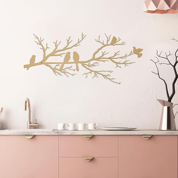 ESTART Metal Birds Wall Art, Metal Vivid Birds on Branch Silhouette Wall Decor Gold Leaves with Bird Outdoor Hanging Wall Sculpture for Home Living room Bedroom Balcony Garden (Gold, Large)